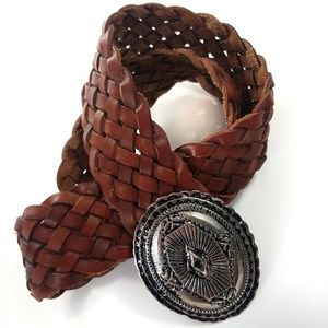 Braided brown leather belt silver concho buckle S